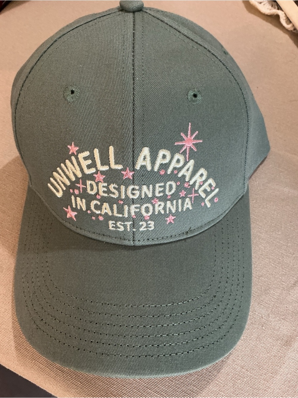 Green Baseball Cap with Pink Embroidery